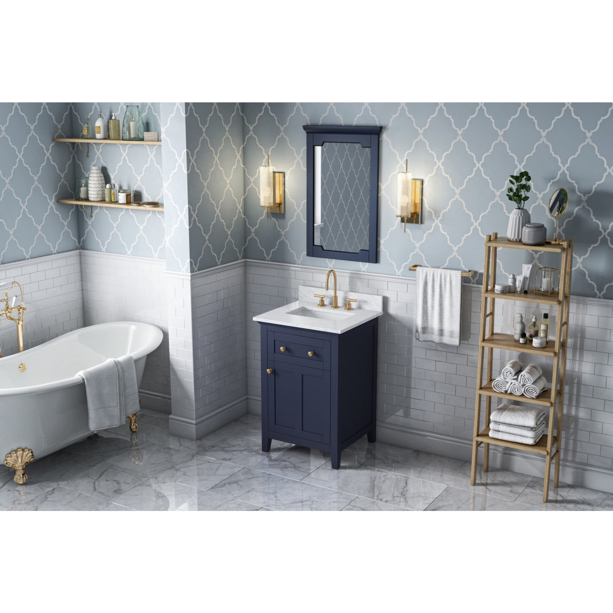 Jeffrey Alexander Chatham 24" Hale Blue Single Sink Bathroom Vanity with White Carrara Marble Top - 8 in. Widespread Faucet Top