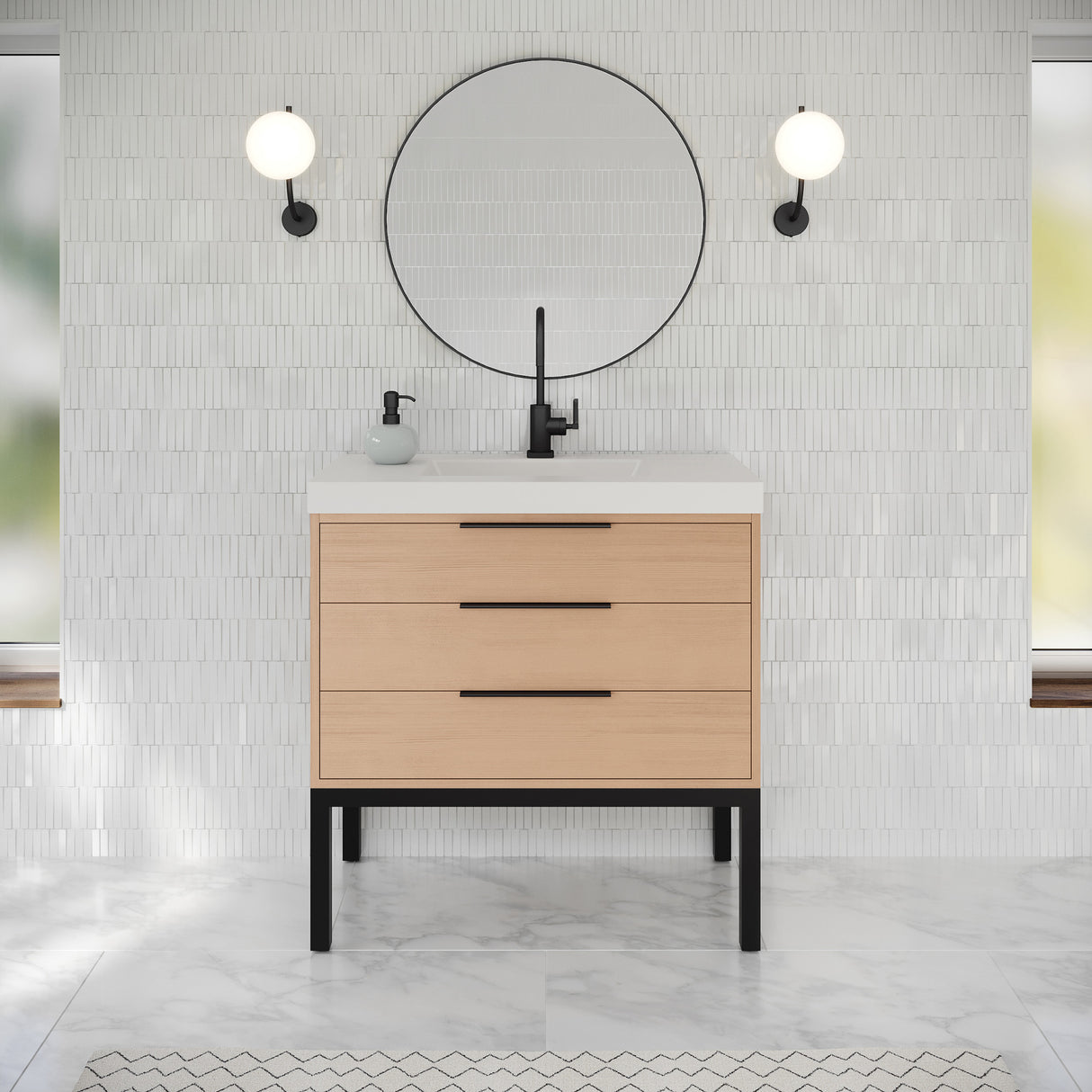 Jeffrey Alexander Gardner 37" Natural Oak Single Sink Bathroom Vanity with White Resin Top - Single-Hole Faucet Top - VKGAR36NOSQRE product image 2