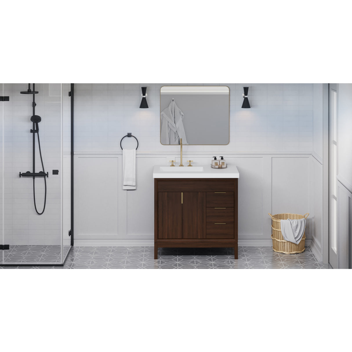 Jeffrey Alexander Theodora 36" Dark Walnut Single Sink Bathroom Vanity with White Resin Top - 8 in. Widespread Faucet Top