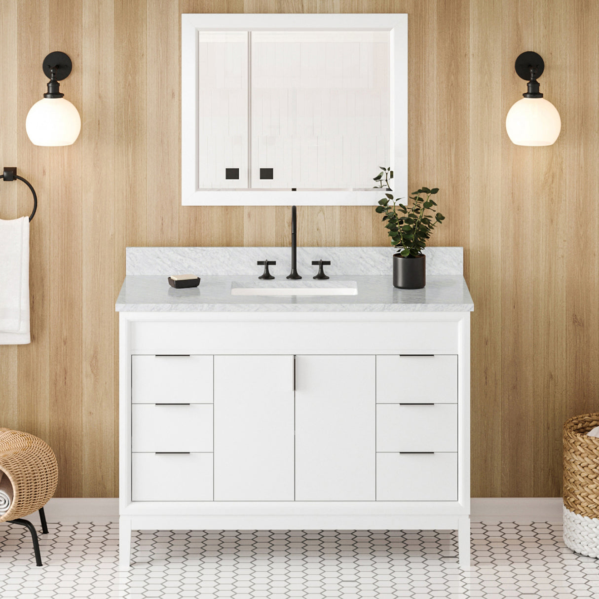 Jeffrey Alexander Theodora 48" White Single Sink Bathroom Vanity with White Carrara Marble Top - 8 in. Widespread Faucet Top product image 2