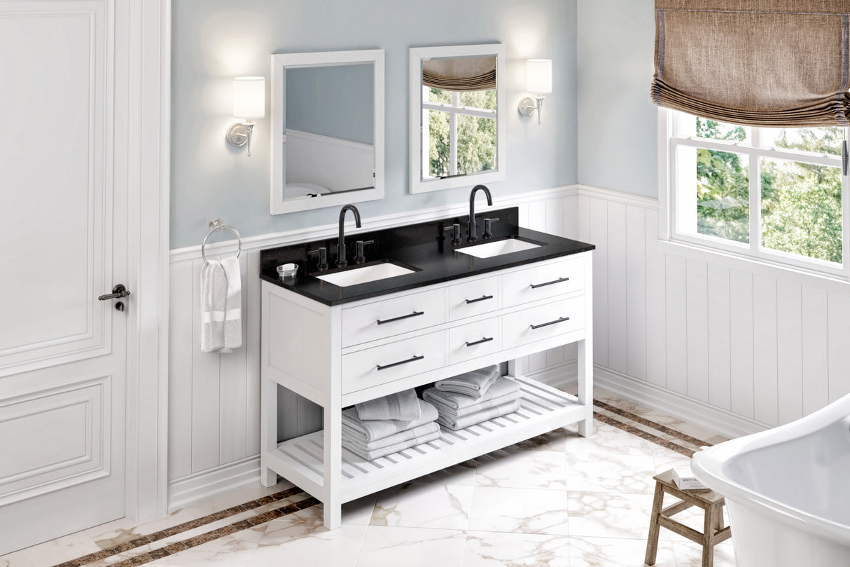 Jeffrey Alexander Wavecrest 60" White Double Sink Bathroom Vanity with Black Granite Top - 8 in. Widespread Faucet Top product image 7