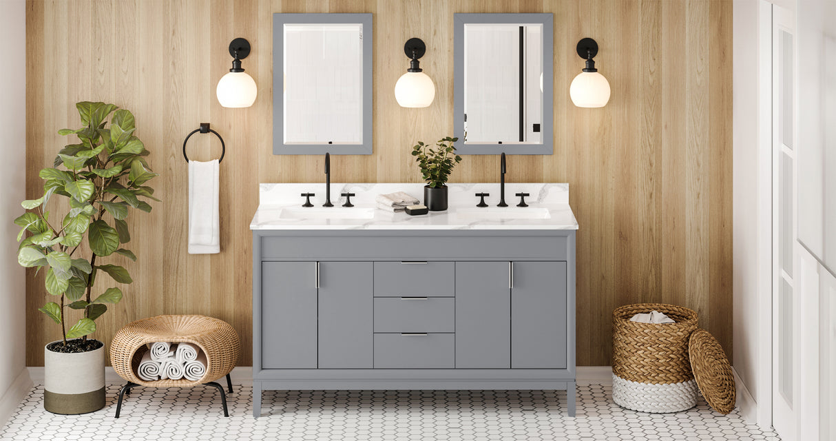 Jeffrey Alexander Theodora 60" Grey Double Sink Bathroom Vanity with Calacatta Vienna Quartz Top - 8 in. Widespread Faucet Top product image 7