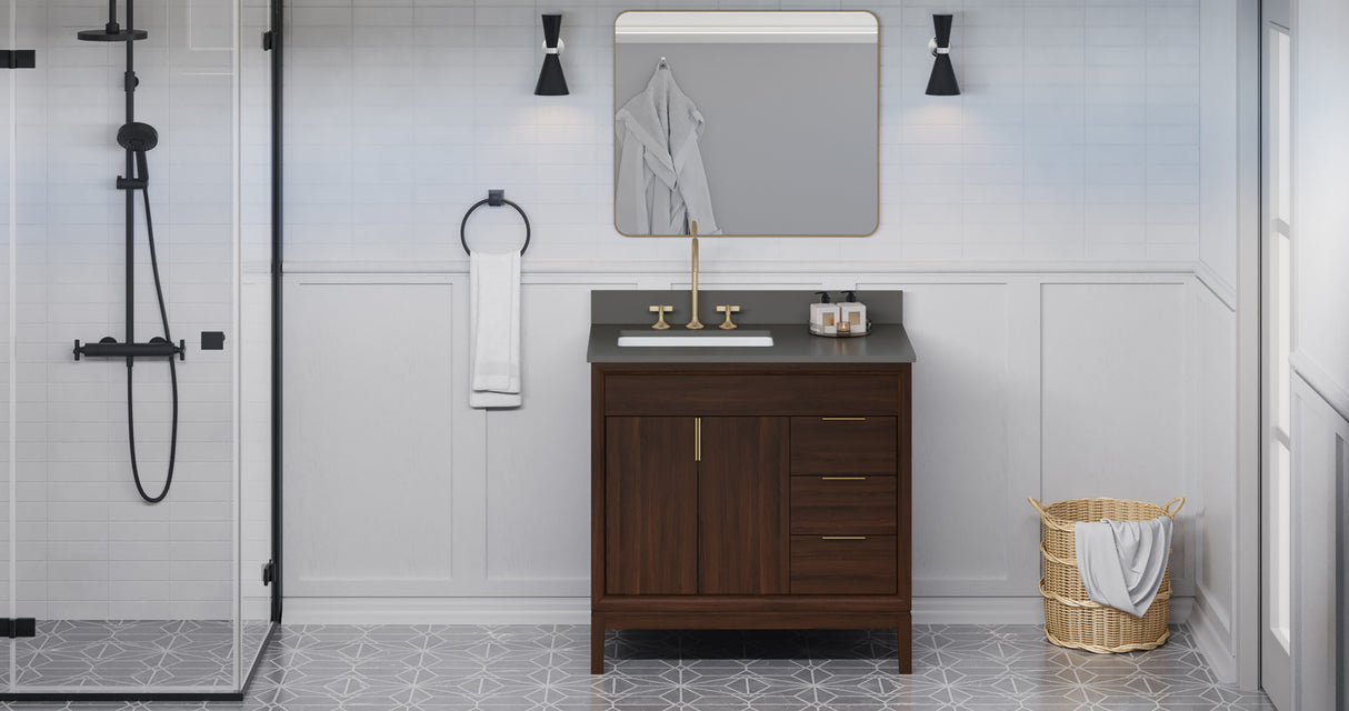 Jeffrey Alexander Theodora 36" Dark Walnut Single Sink Bathroom Vanity with Grey Quartz Top - 8 in. Widespread Faucet Top product image 6