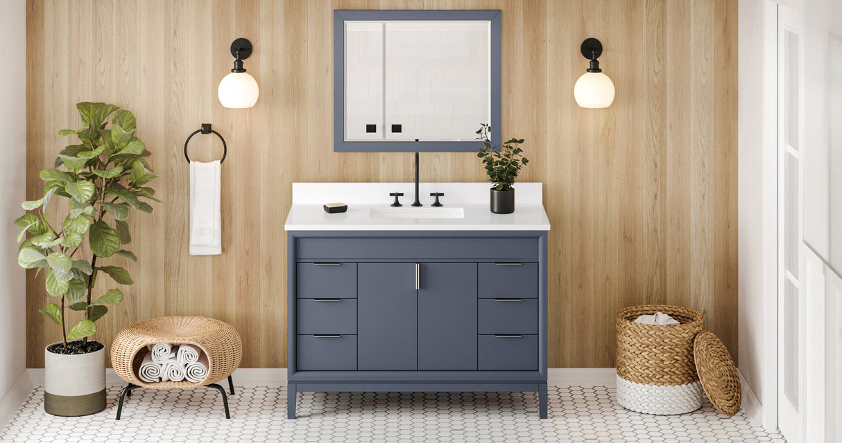Jeffrey Alexander Theodora 48" Blue Steel Single Sink Bathroom Vanity with White Quartz Top - 8 in. Widespread Faucet Top product image 6