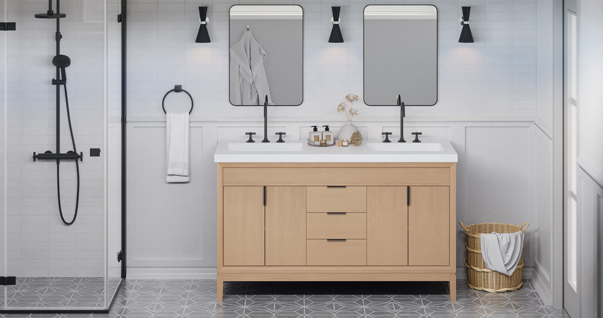 Jeffrey Alexander Theodora 60" Natural Oak Double Sink Bathroom Vanity with White Resin Top - 8 in. Widespread Faucet Top product image 5