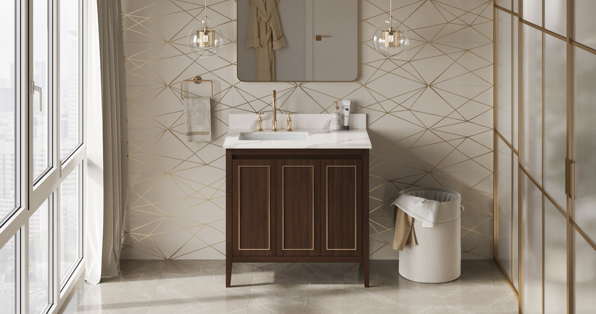 Jeffrey Alexander Percival 36" Dark Walnut Single Sink Bathroom Vanity with Calacatta Vienna Quartz Top - 8 in. Widespread Faucet Top product image 6