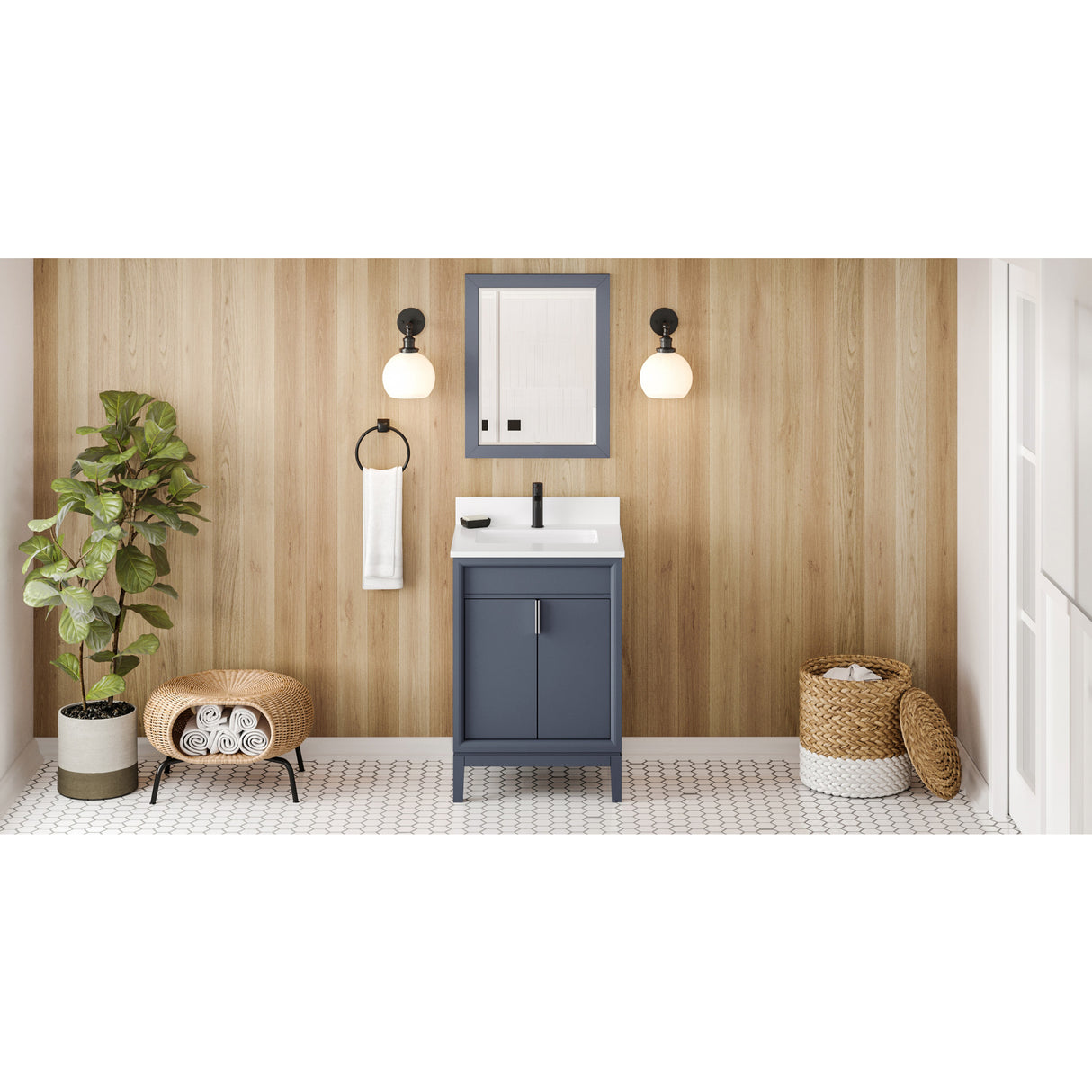 Jeffrey Alexander Theodora 24" Blue Steel Single Sink Bathroom Vanity with White Quartz Top - 8 in. Widespread Faucet Top - VKITTHE24BSWQR1