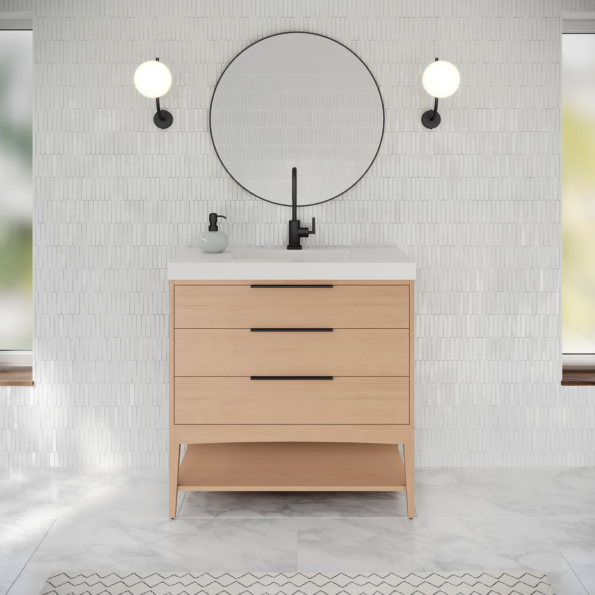 Jeffrey Alexander Gardner 37" Natural Oak Single Sink Bathroom Vanity with White Resin Top - Single-Hole Faucet Top - VKGAR36NOWDNORE product image 2