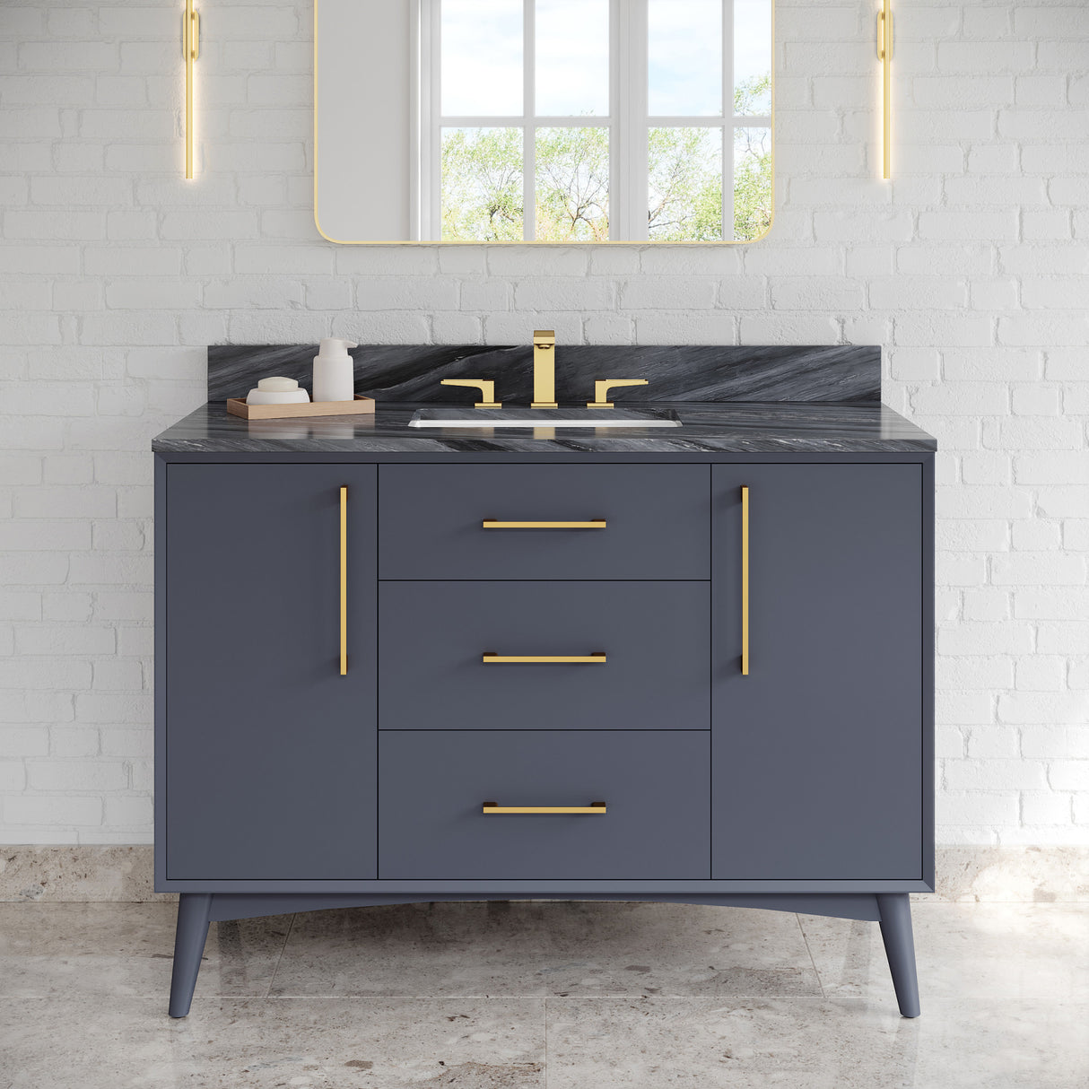 Jeffrey Alexander Dashwood Blue Steel Single Sink Bathroom Vanity with Blue Limestone Top - 8 in. Widespread Faucet Top - VKITDAS48BSLSR