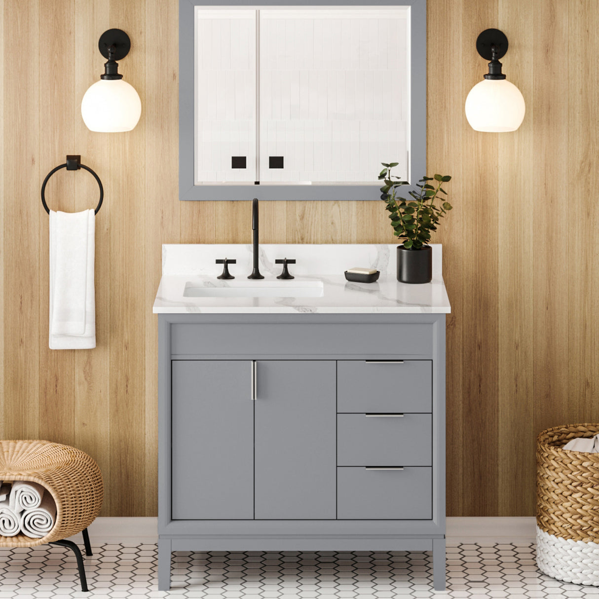Jeffrey Alexander Theodora 36" Grey Single Sink Bathroom Vanity with Calacatta Vienna Quartz Top - 8 in. Widespread Faucet Top product image 2