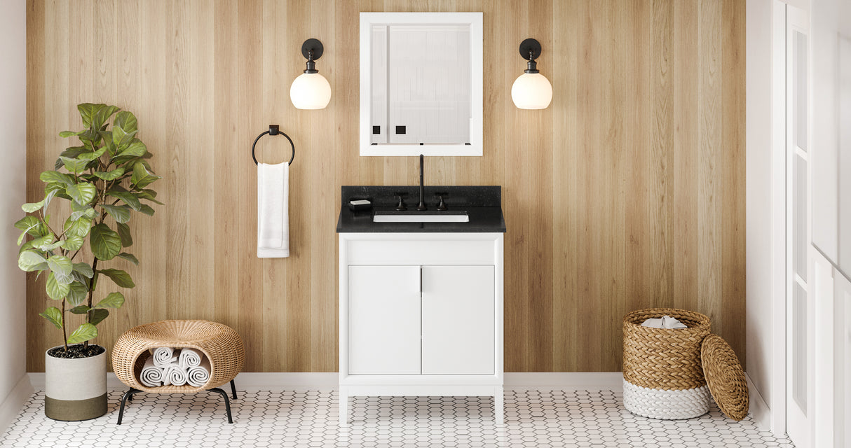 Jeffrey Alexander Theodora 30" White Single Sink Bathroom Vanity with Black Granite Top - 8 in. Widespread Faucet Top product image 6