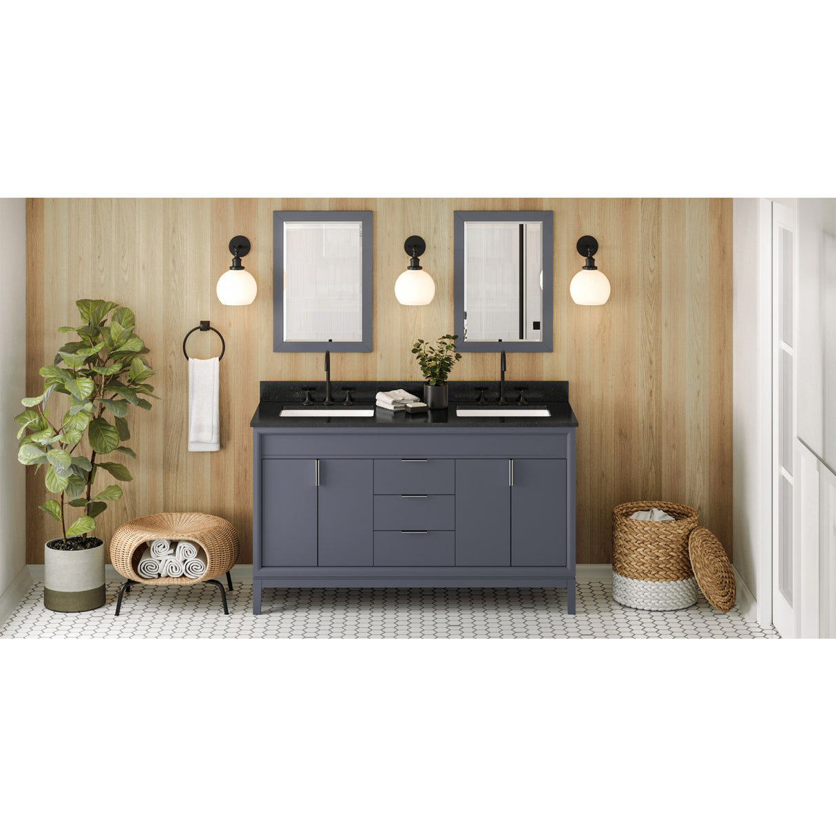 Jeffrey Alexander Theodora 60" Blue Steel Double Sink Bathroom Vanity with Black Granite Top - 8 in. Widespread Faucet Top