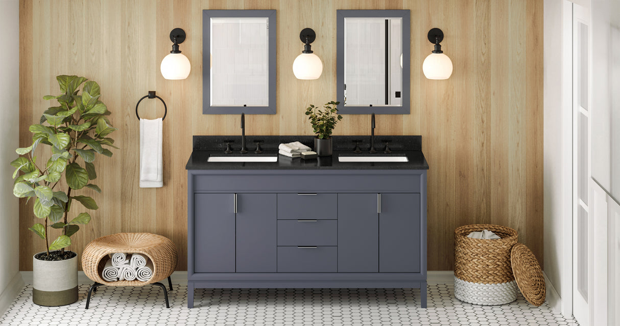 Jeffrey Alexander Theodora 60" Blue Steel Double Sink Bathroom Vanity with Black Granite Top - 8 in. Widespread Faucet Top product image 6