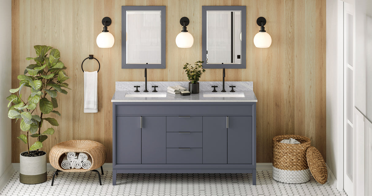 Jeffrey Alexander Theodora 60" Blue Steel Double Sink Bathroom Vanity with White Carrara Marble Top - 8 in. Widespread Faucet Top product image 7