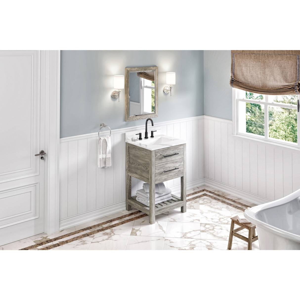 Jeffrey Alexander Wavecrest 24" Weathered Grey Single Sink Bathroom Vanity with Calacatta Vienna Quartz Top - 8 in. Widespread Faucet Top