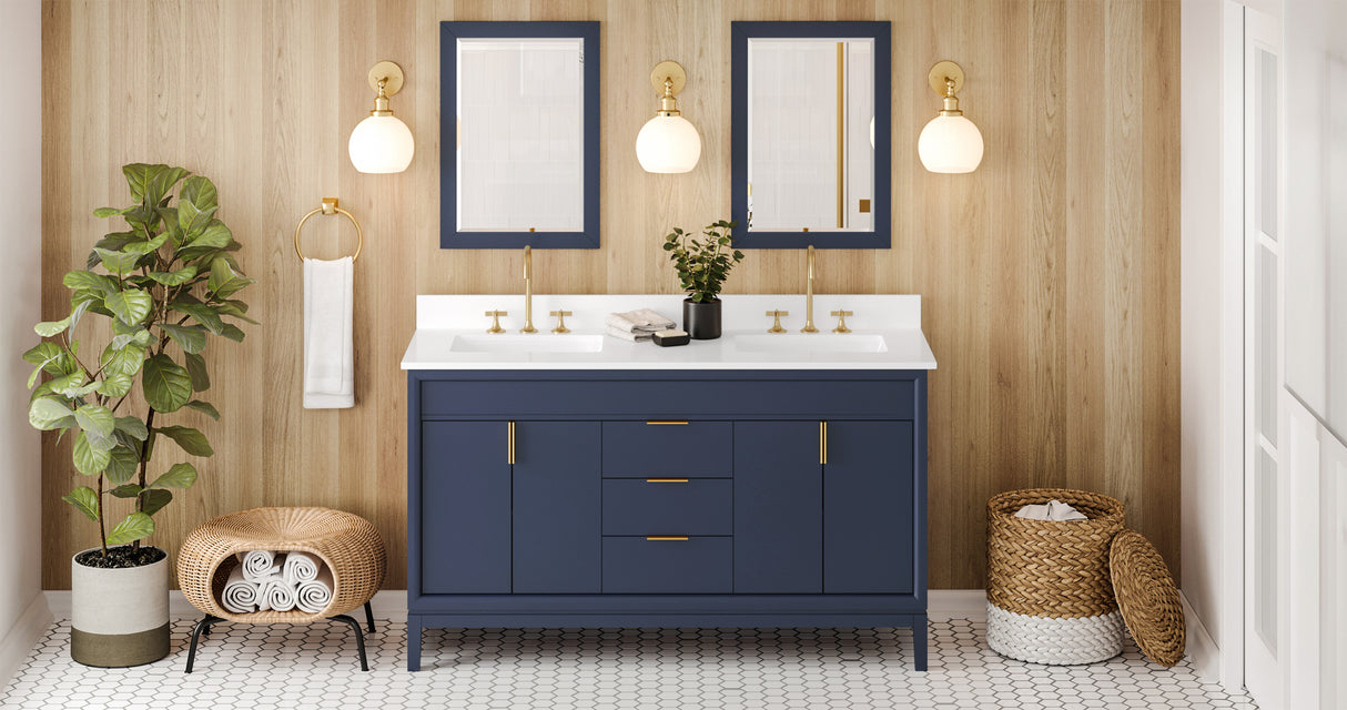 Jeffrey Alexander Theodora 60" Hale Blue Double Sink Bathroom Vanity with White Quartz Top - 8 in. Widespread Faucet Top product image 6