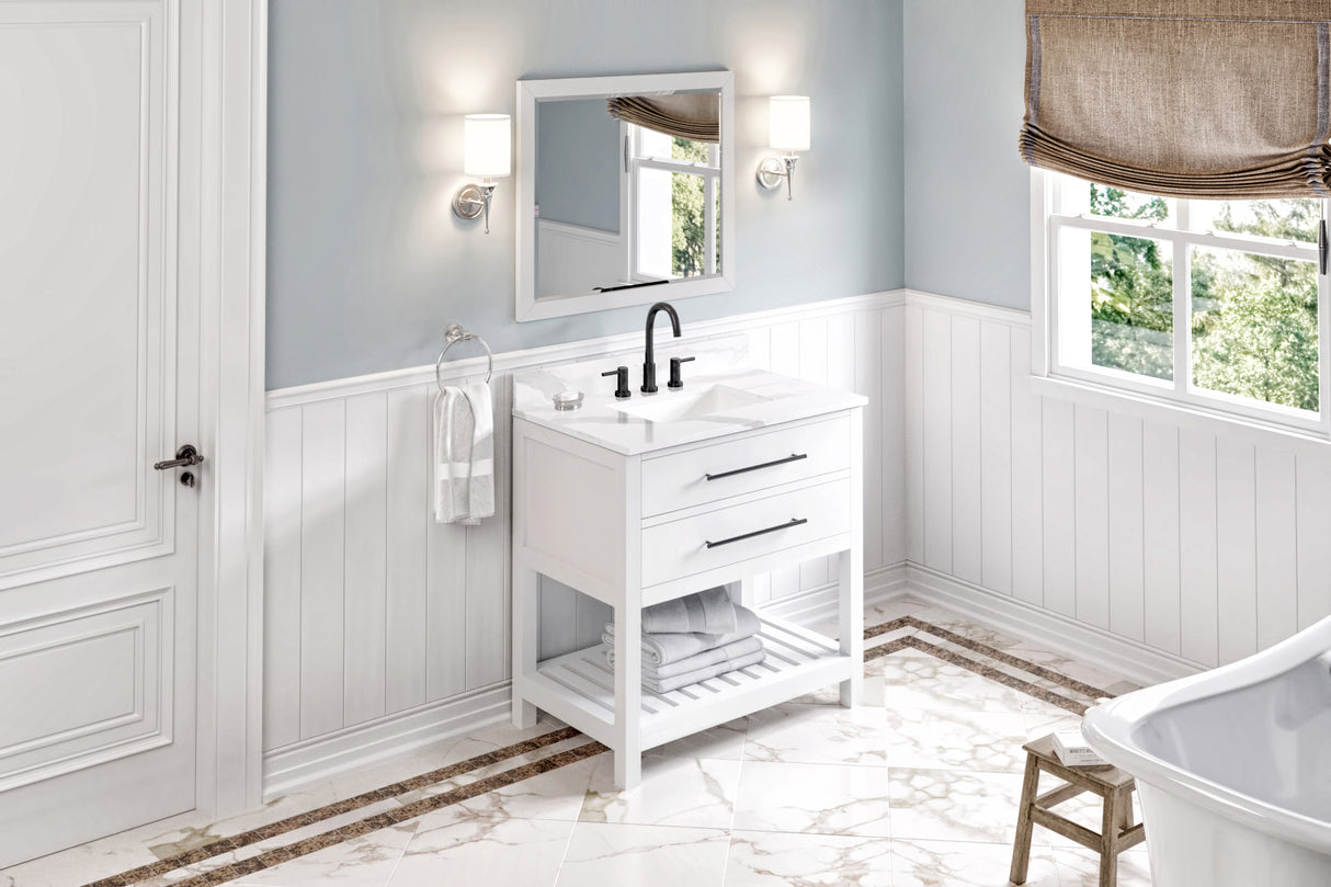 Jeffrey Alexander Wavecrest 36" White Single Sink Bathroom Vanity with Calacatta Vienna Quartz Top - 8 in. Widespread Faucet Top product image 7