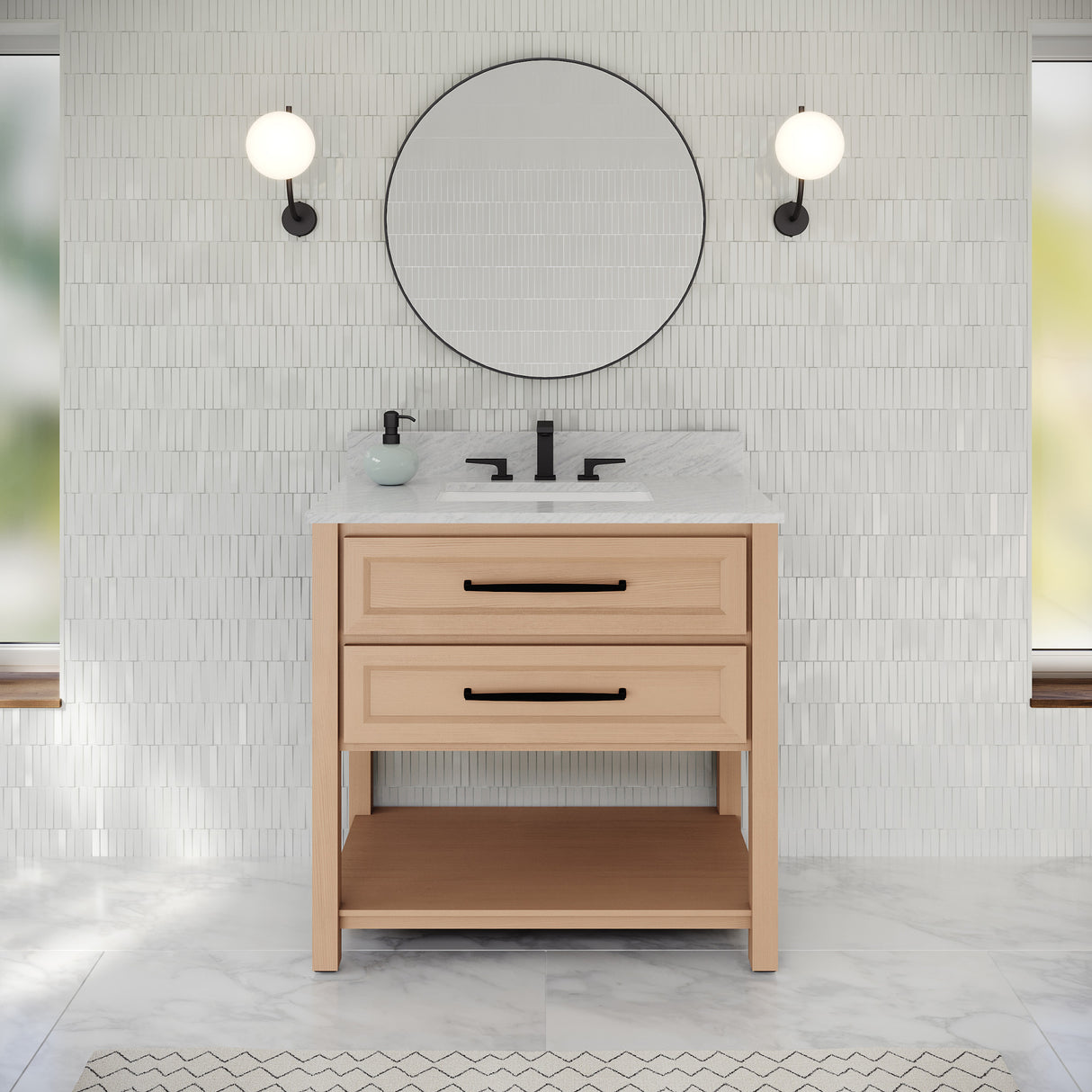 Jeffrey Alexander Kipling 37" Natural Oak Single Sink Bathroom Vanity with White Carrara Marble Top - Single-Hole Faucet Top