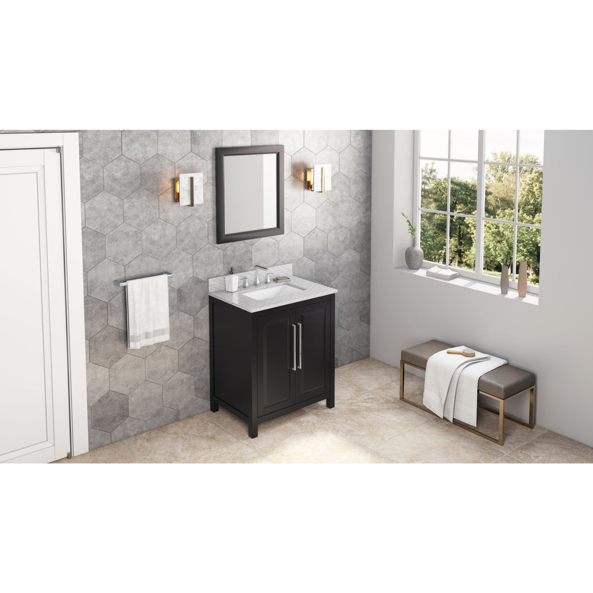 Jeffrey Alexander Cade 30" Black Single Sink Bathroom Vanity with White Carrara Marble Top - 8 in. Widespread Faucet Top