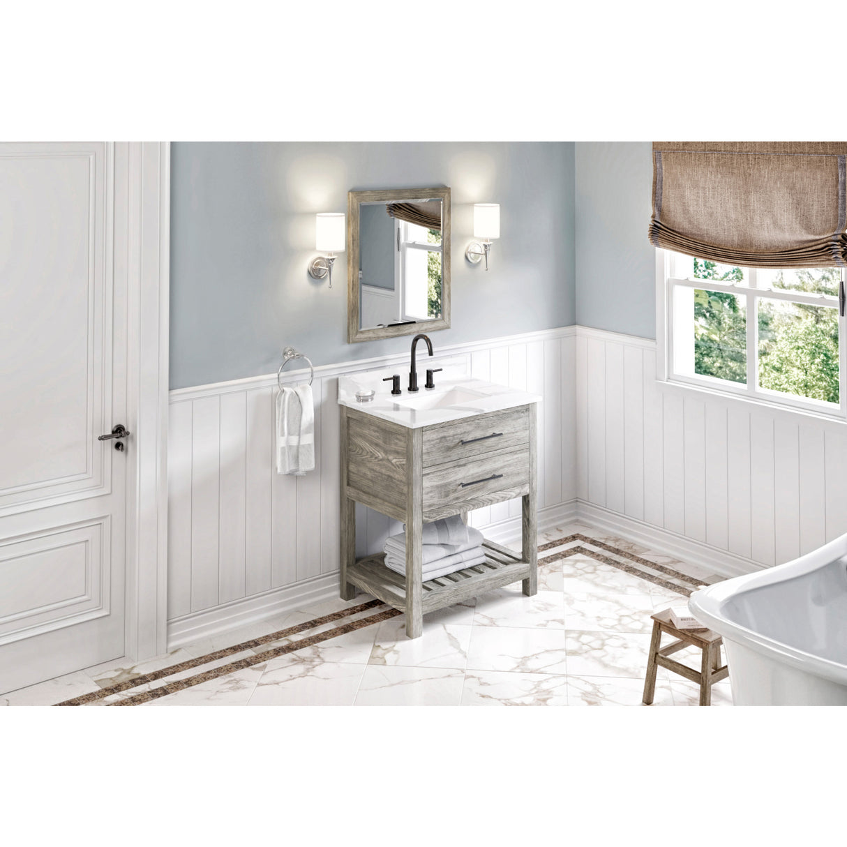 Jeffrey Alexander Wavecrest 30" Weathered Grey Single Sink Bathroom Vanity with Calacatta Vienna Quartz Top - 8 in. Widespread Faucet Top