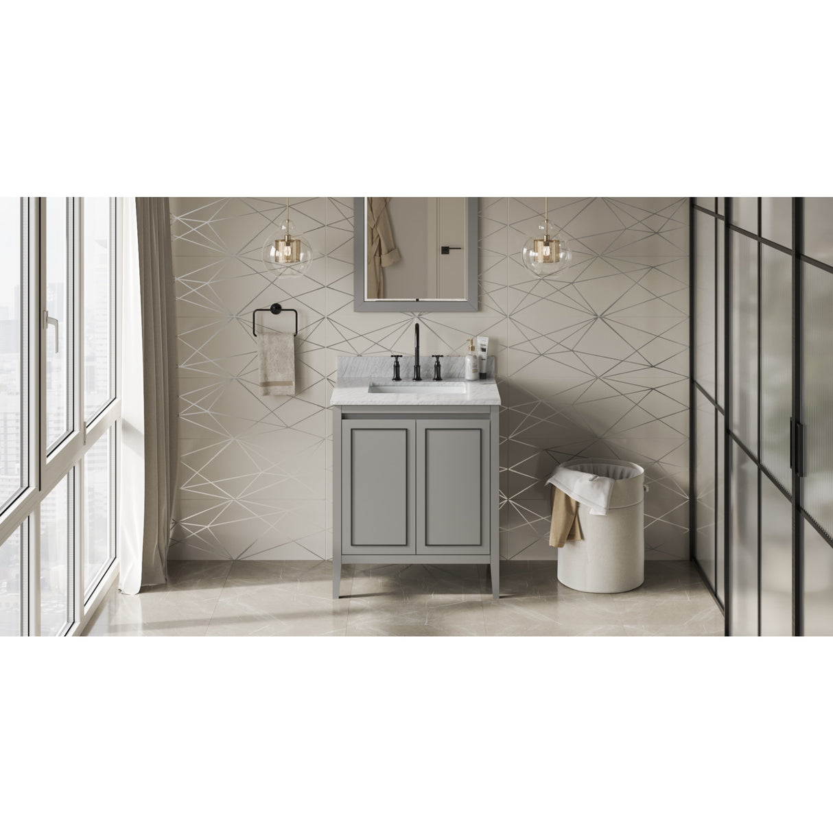 Jeffrey Alexander Percival 30" Grey Single Sink Bathroom Vanity with White Carrara Marble Top - 8 in. Widespread Faucet Top