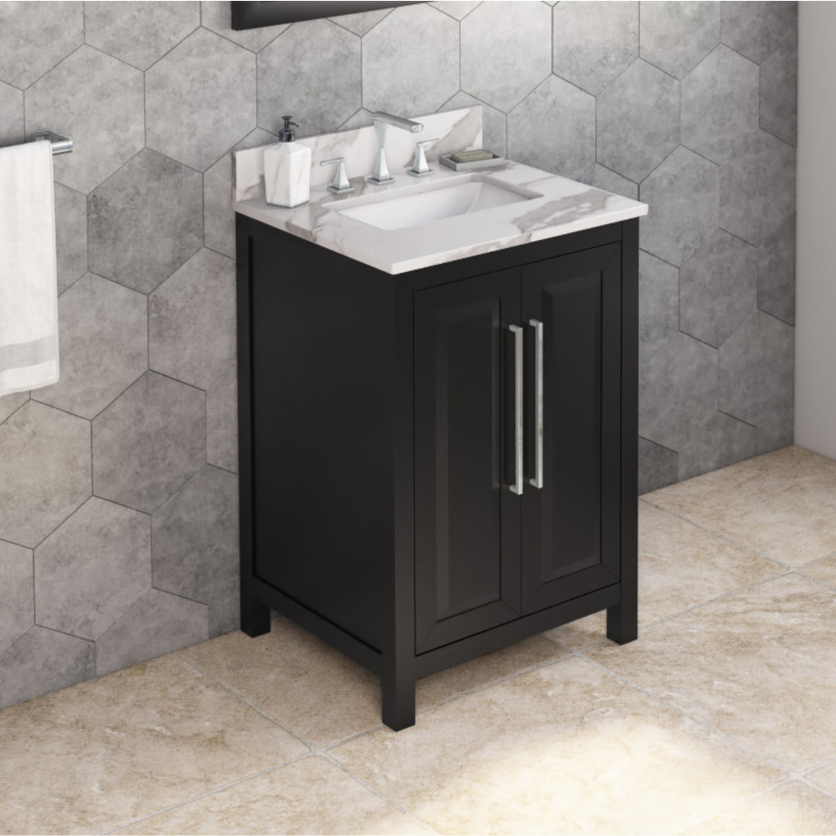 Jeffrey Alexander Cade 24" Black Single Sink Bathroom Vanity with Calacatta Vienna Quartz Top - 8 in. Widespread Faucet Top product image 2