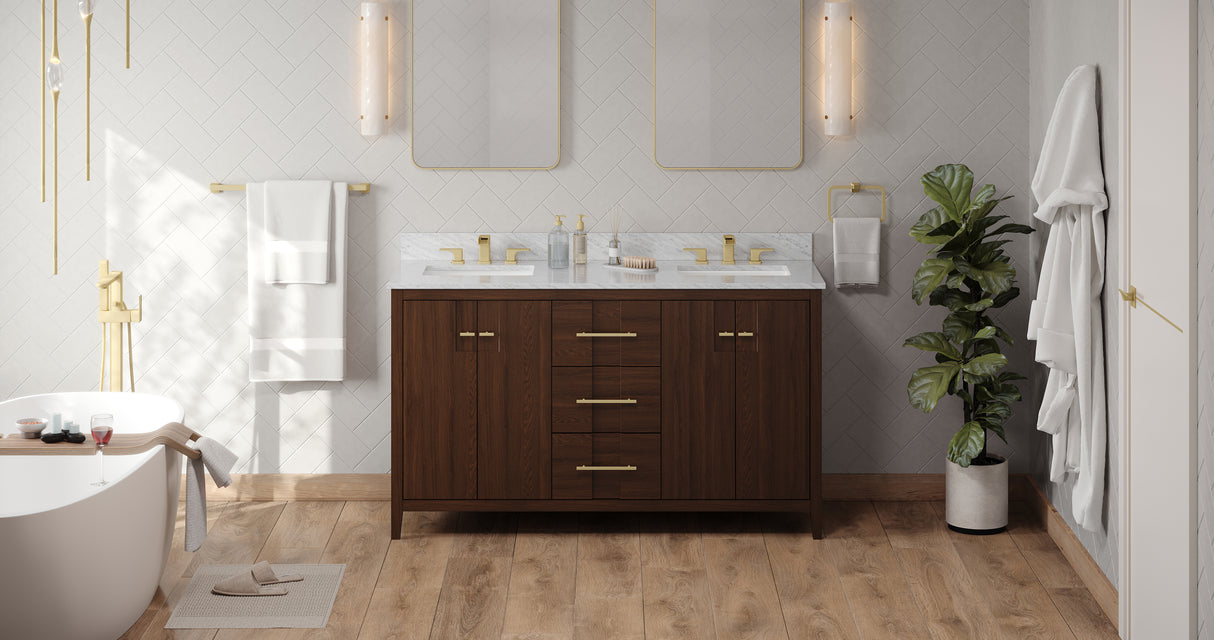 Jeffrey Alexander Katara 60" Dark Walnut Double Sink Bathroom Vanity with White Carrara Marble Top - 8 in. Widespread Faucet Top product image 6