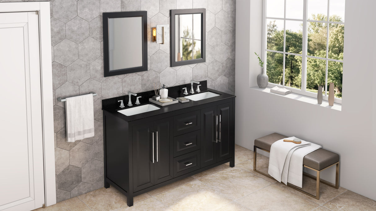 Jeffrey Alexander Cade 60" Black Double Sink Bathroom Vanity with Black Granite Top - 8 in. Widespread Faucet Top product image 7