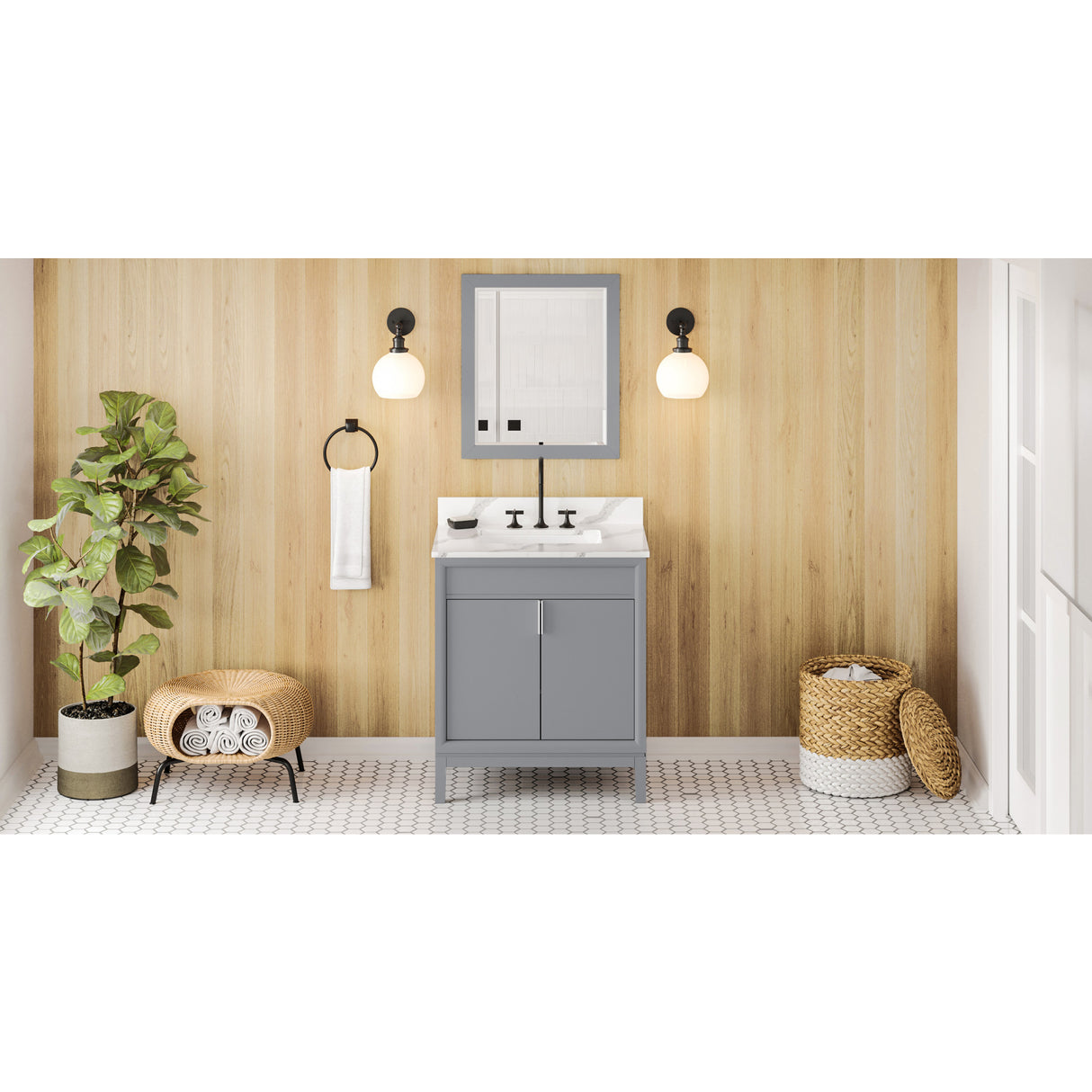 Jeffrey Alexander Theodora 30" Grey Single Sink Bathroom Vanity with Calacatta Vienna Quartz Top - 8 in. Widespread Faucet Top
