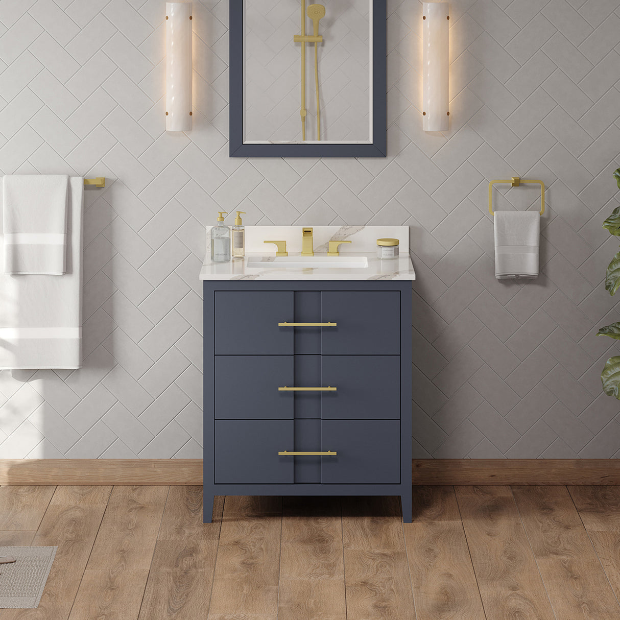 Jeffrey Alexander Katara 30" Blue Steel Single Sink Bathroom Vanity with Calacatta Vienna Quartz Top - 8 in. Widespread Faucet Top product image 2