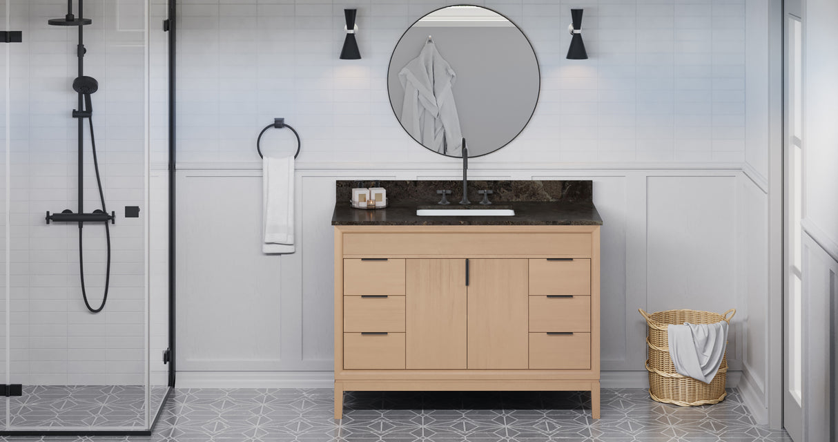 Jeffrey Alexander Theodora 48" Natural Oak Single Sink Bathroom Vanity with Blue Limestone Top - 8 in. Widespread Faucet Top product image 6