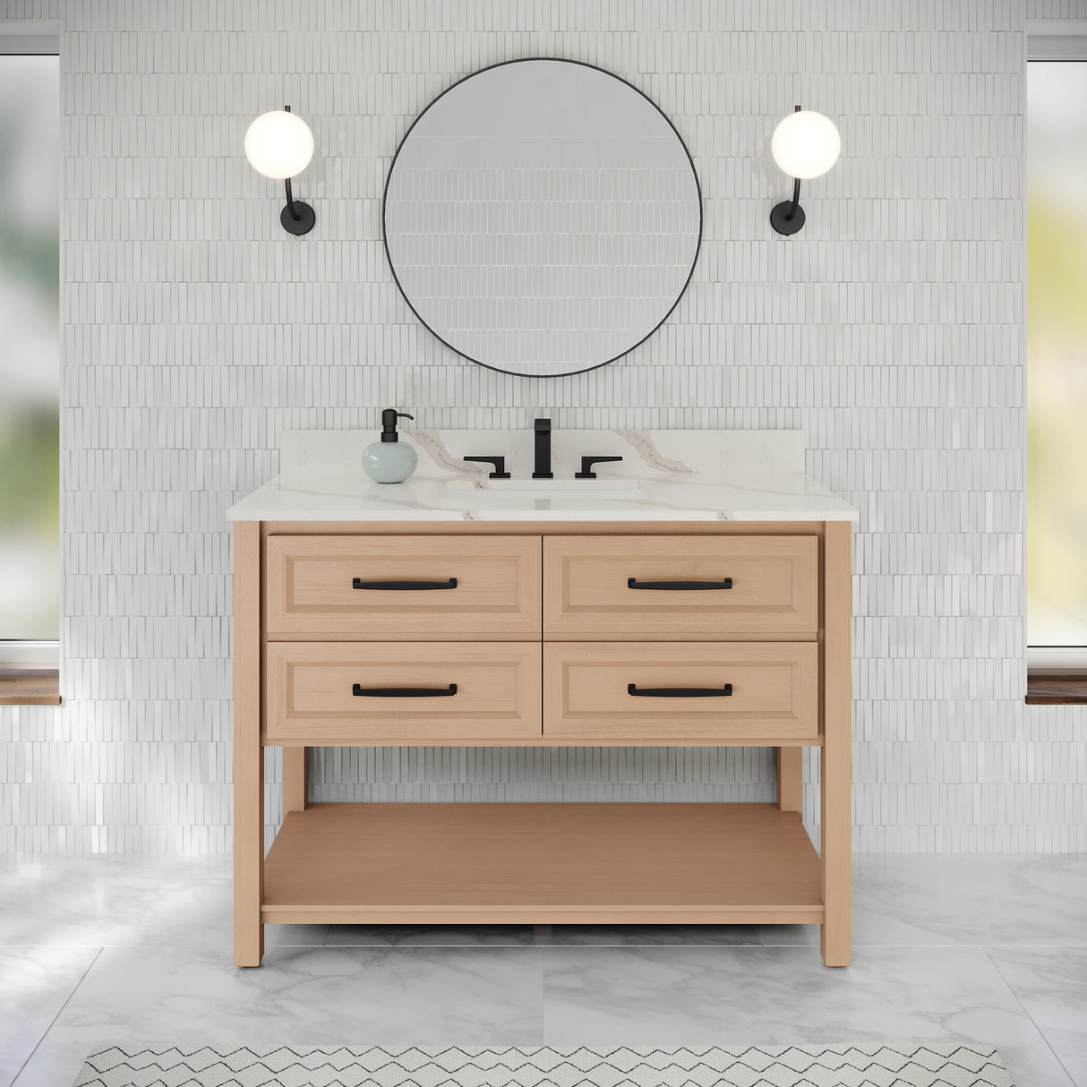 Jeffrey Alexander Kipling 49" Natural Oak Single Sink Bathroom Vanity with Calacatta Vienna Quartz Top - Single-Hole Faucet Top