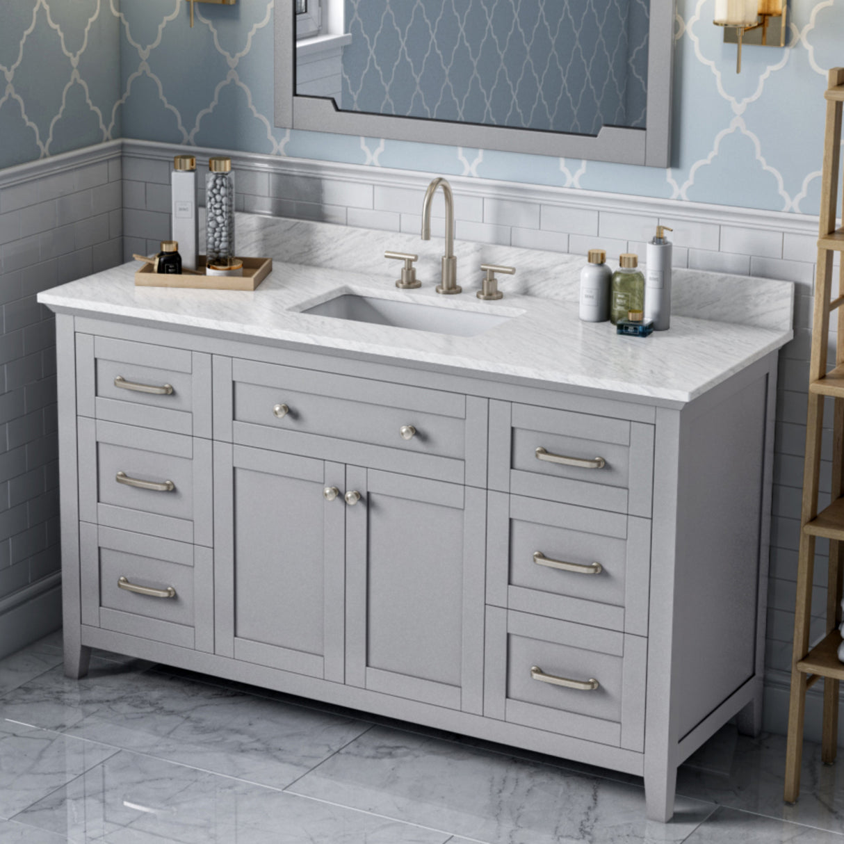 Jeffrey Alexander Chatham 60" Grey Double Sink Bathroom Vanity with White Carrara Marble Top - 8 in. Widespread Faucet Top - VKITCHA60SGRWCR product image 2