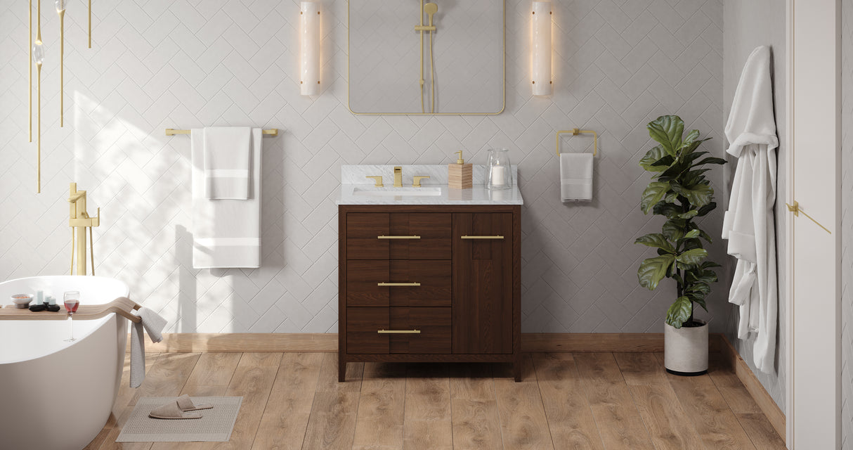 Jeffrey Alexander Katara 36" Dark Walnut Single Sink Bathroom Vanity with White Carrara Marble Top - 8 in. Widespread Faucet Top product image 6