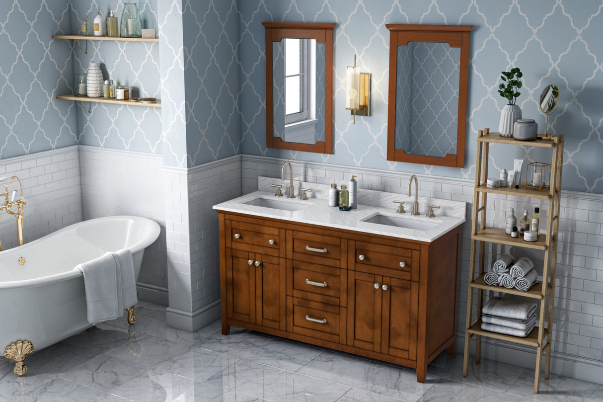 Jeffrey Alexander Chatham 60" Chocolate Double Sink Bathroom Vanity with White Carrara Marble Top - 8 in. Widespread Faucet Top - VKITCHA60CHWCR product image 7