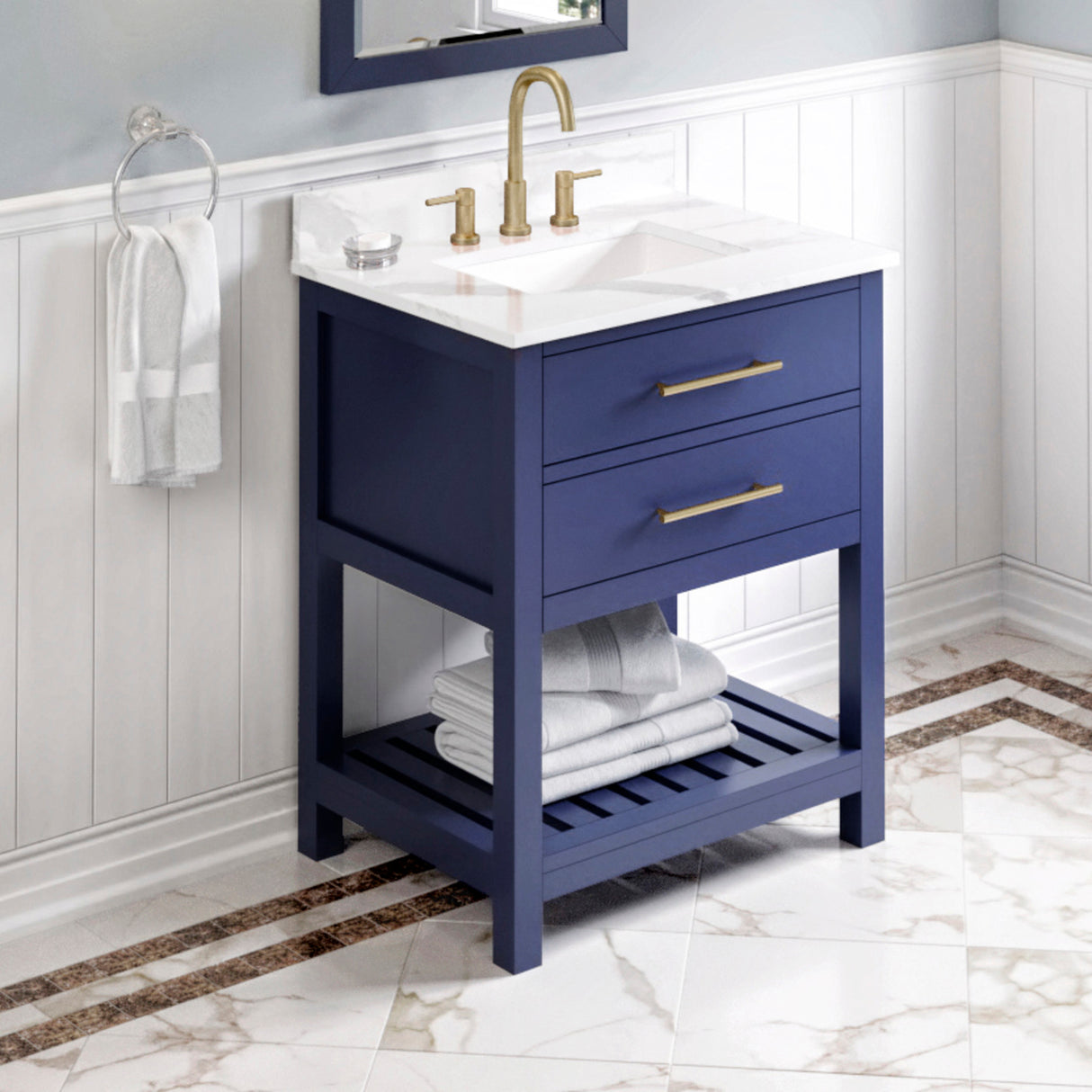 Jeffrey Alexander Wavecrest 30" Hale Blue Single Sink Bathroom Vanity with Calacatta Vienna Quartz Top - 8 in. Widespread Faucet Top product image 2