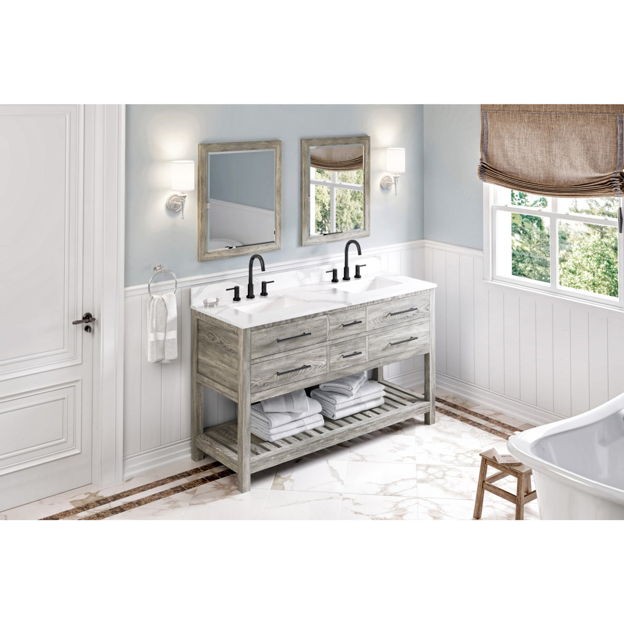 Jeffrey Alexander Wavecrest 60" Weathered Grey Double Sink Bathroom Vanity with Calacatta Vienna Quartz Top - 8 in. Widespread Faucet Top
