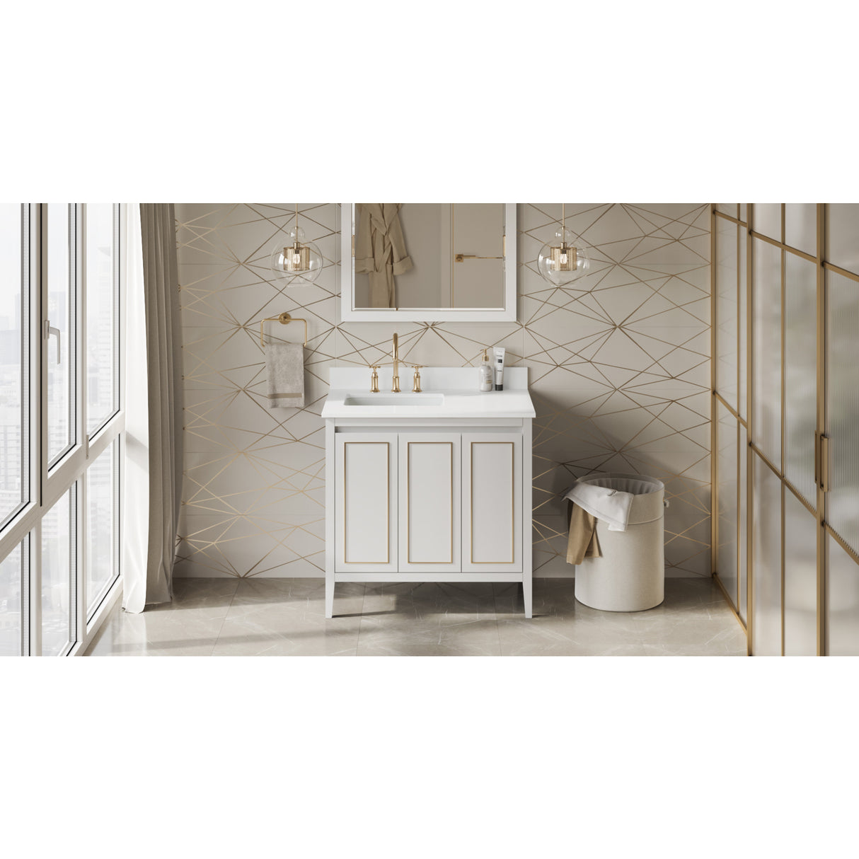 Jeffrey Alexander Percival 36" White Single Sink Bathroom Vanity with White Quartz Top - 8 in. Widespread Faucet Top