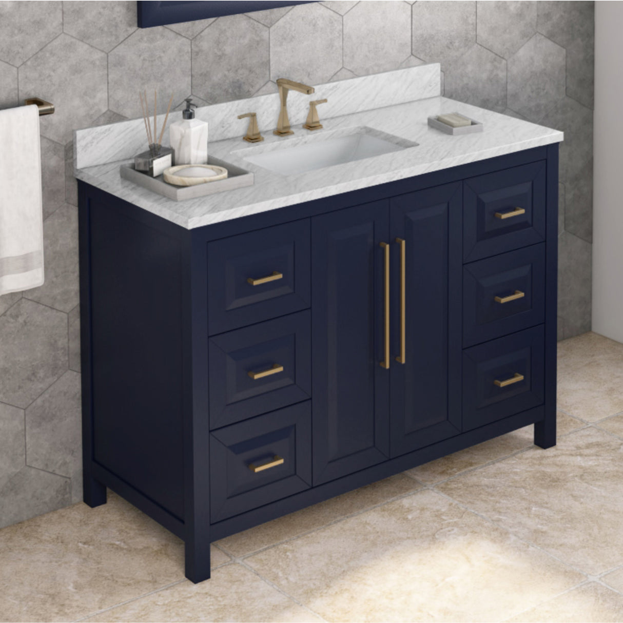Jeffrey Alexander Cade 48" Hale Blue Single Sink Bathroom Vanity with White Carrara Marble Top - 8 in. Widespread Faucet Top product image 2