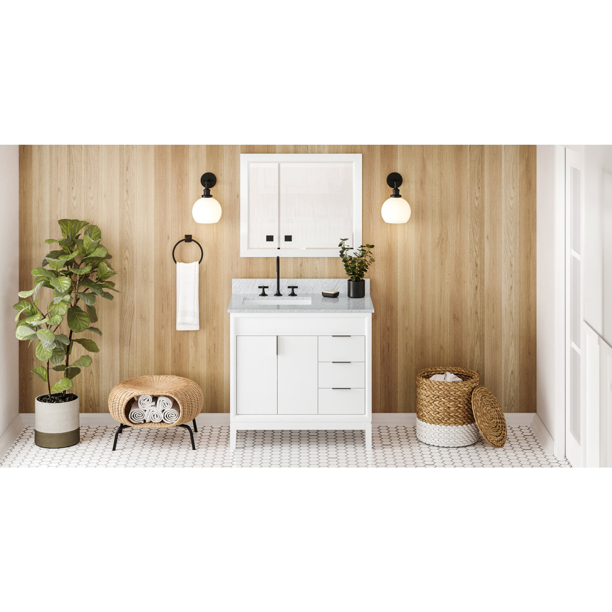 Jeffrey Alexander Theodora 36" White Single Sink Bathroom Vanity with White Carrara Marble Top - 8 in. Widespread Faucet Top