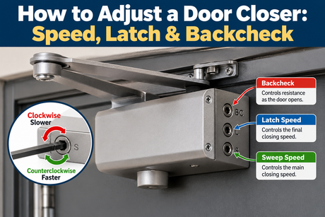 Commercial hydraulic door closer with sweep, latch speed and backcheck adjustment locations labeled