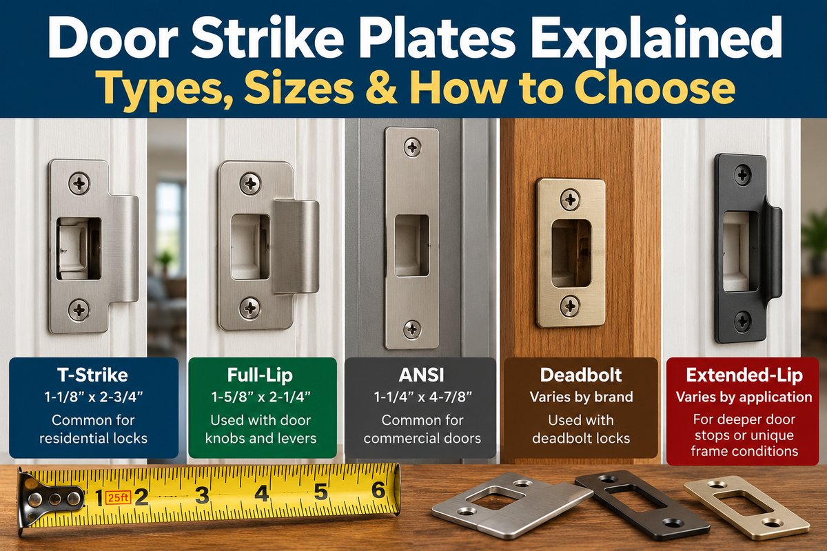 Door strike plate types including T-strike, full-lip, ANSI and deadbolt strike plates