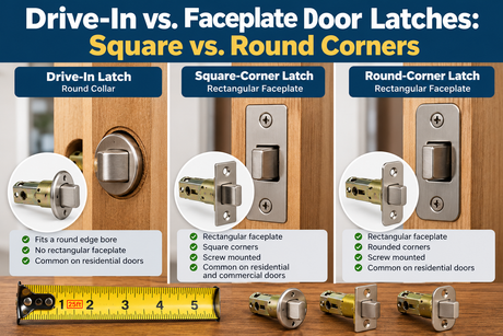 Comparison of drive-in, square-corner and round-corner door latches showing different faceplate styles