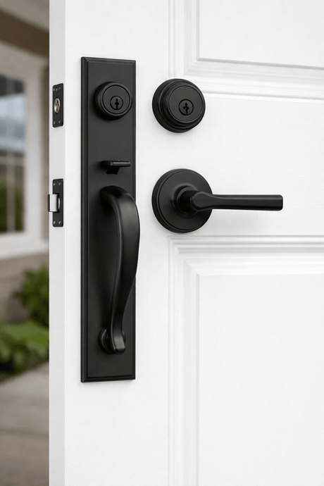 Matte black front door handleset on a white exterior door