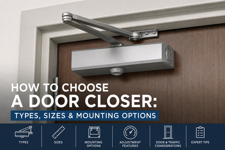 Commercial surface mounted door closer showing types, sizes, mounting options, and adjustment features