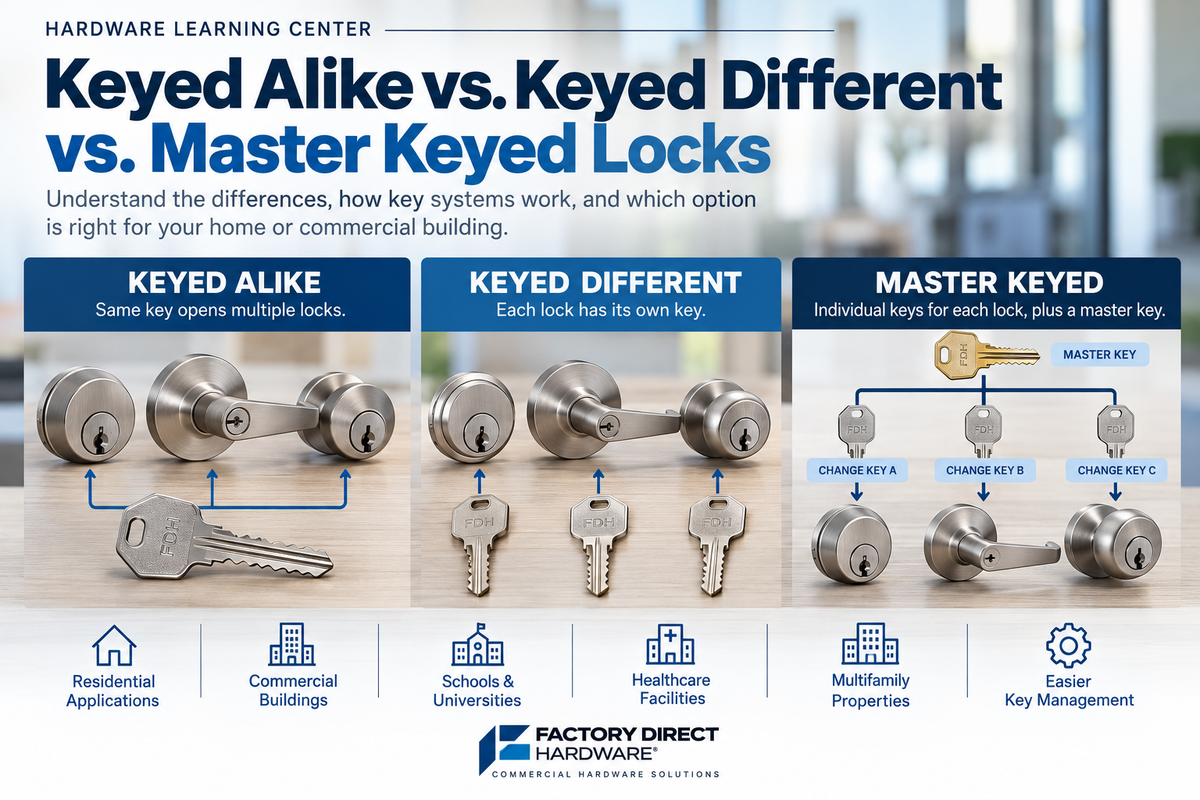 Keyed alike, keyed different, and master keyed lock systems compared with door locks and keys