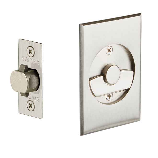 Emtek Privacy Pocket Door Tubular Lock with Privacy Strike Plate and Dust Box in Satin Nickel