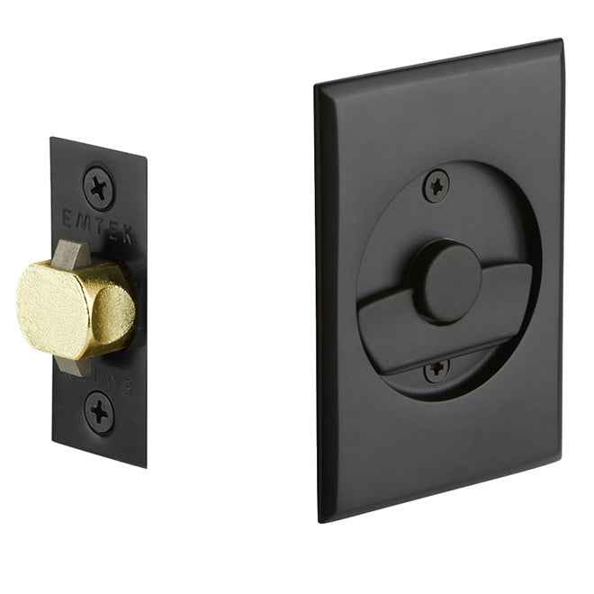 Emtek Privacy Pocket Door Tubular Lock with Privacy Strike Plate and Dust Box in Flat Black