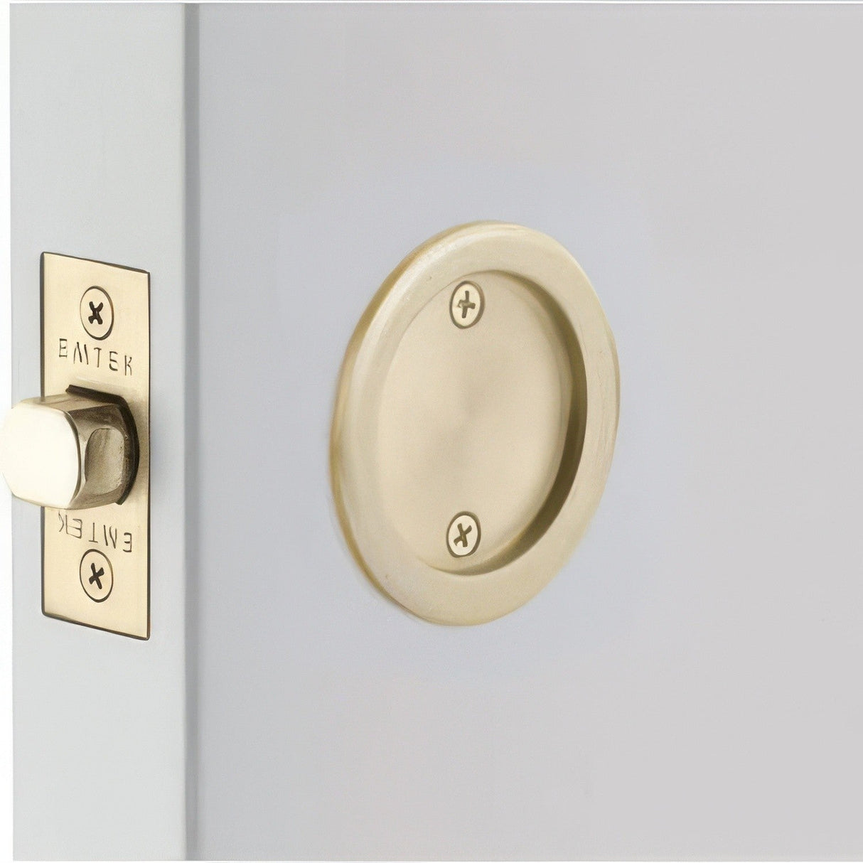 Emtek 2144US4 satin brass passage pocket door lock