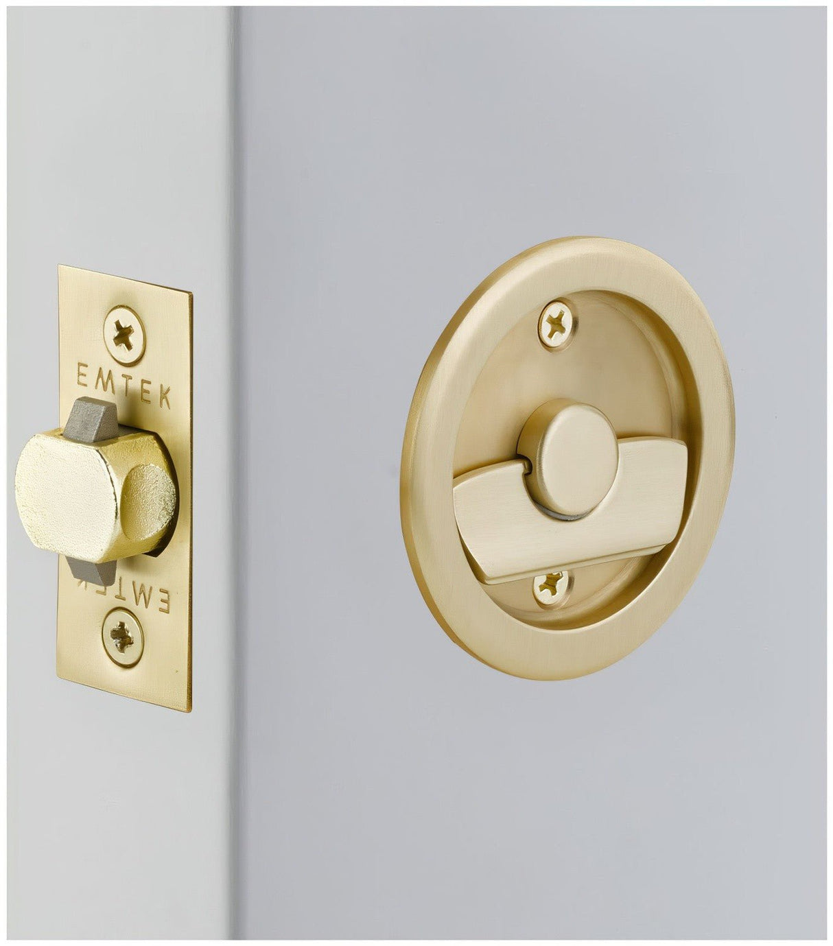 Emtek 2145US4 satin brass privacy pocket door lock